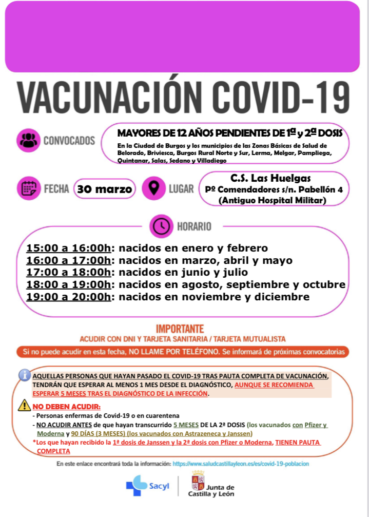Vacunación COVID-19 mayores de 12 años pendientes de 1ª y 2ª dosis