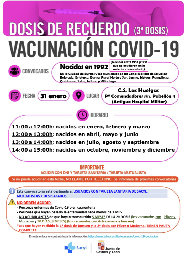 DOSIS DE RECUERDO (3ª dosis) Vacunación COVID-19 nacidos en 1992, 1993 y 1994