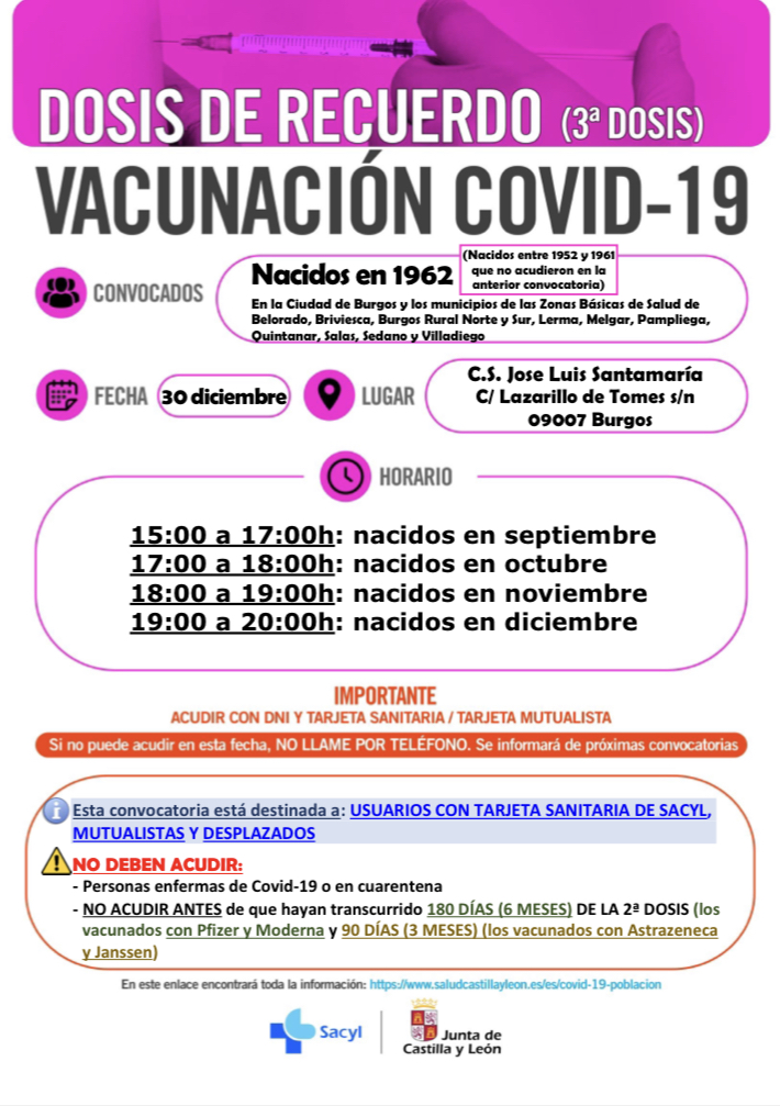 DOSIS DE RECUERDO (3°DOSIs) VACUNACIÓN COVID-19 Nacidos en 1962 