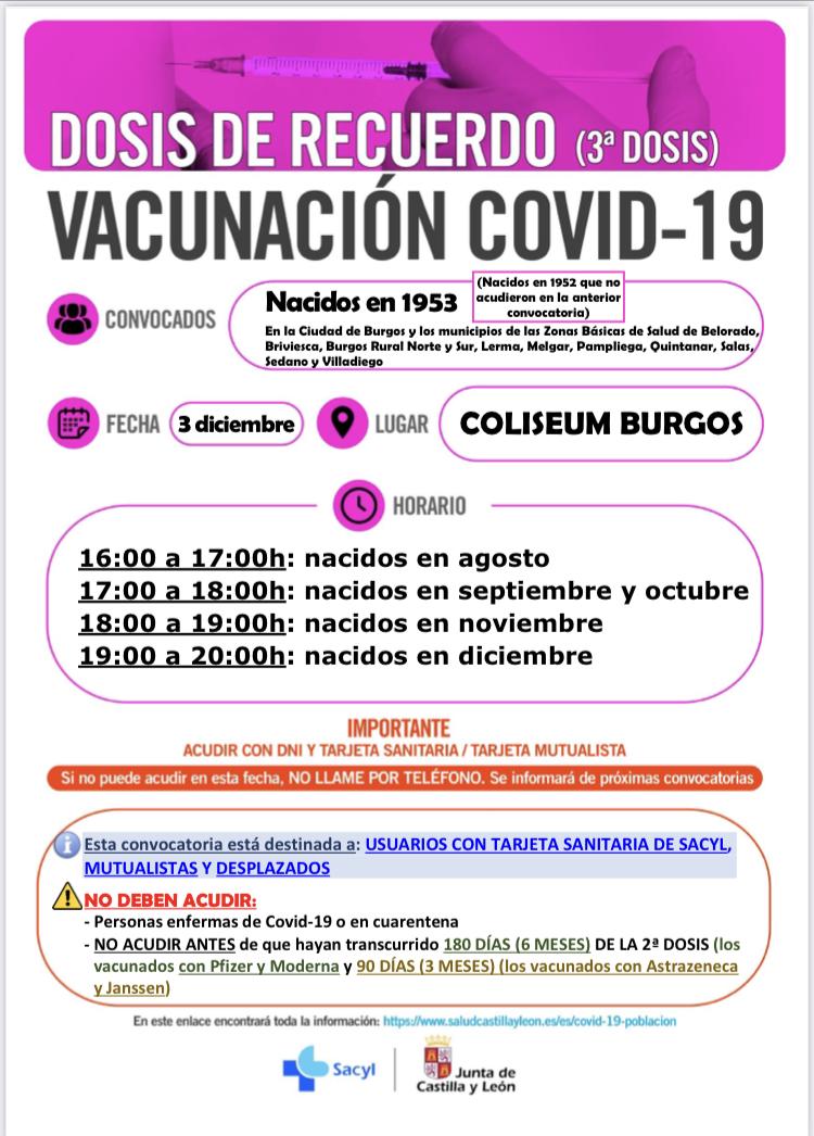 DOSIS DE RECUERDO (3ª DOSIS) VACUNACIÓN COVID-19 nacidos en 1953 y (Nacidos en 1952 que no acudierom en la anterior convocatoria)