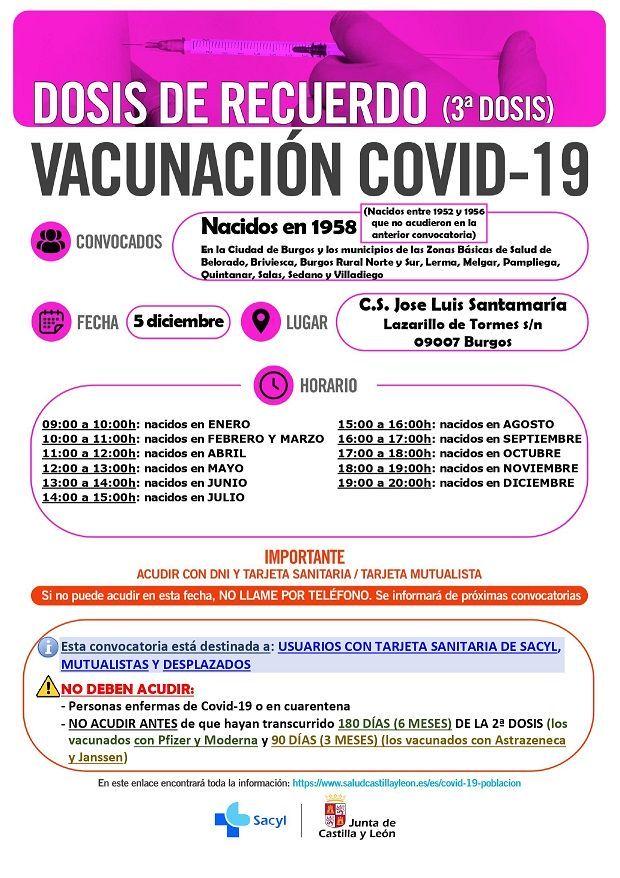 VACUNACIÓN COVID-19 DOSIS DE RECUERDO (3ª DOSIS) nacidos en 1957, 1958, 1959 y (Nacidos entre 1952 y 1956 que no acudieron en la anterior convocatoria)