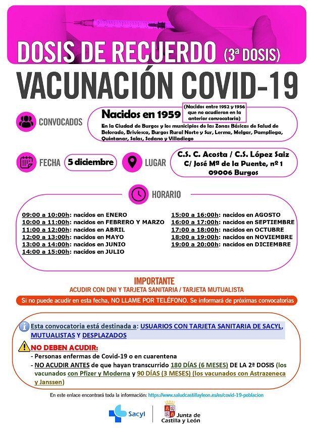 VACUNACIÓN COVID-19 DOSIS DE RECUERDO (3ª DOSIS) nacidos en 1957, 1958, 1959 y (Nacidos entre 1952 y 1956 que no acudieron en la anterior convocatoria)